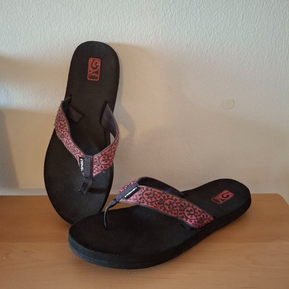 Women's Black Flip Flop Sandals with Pink Patterned Straps